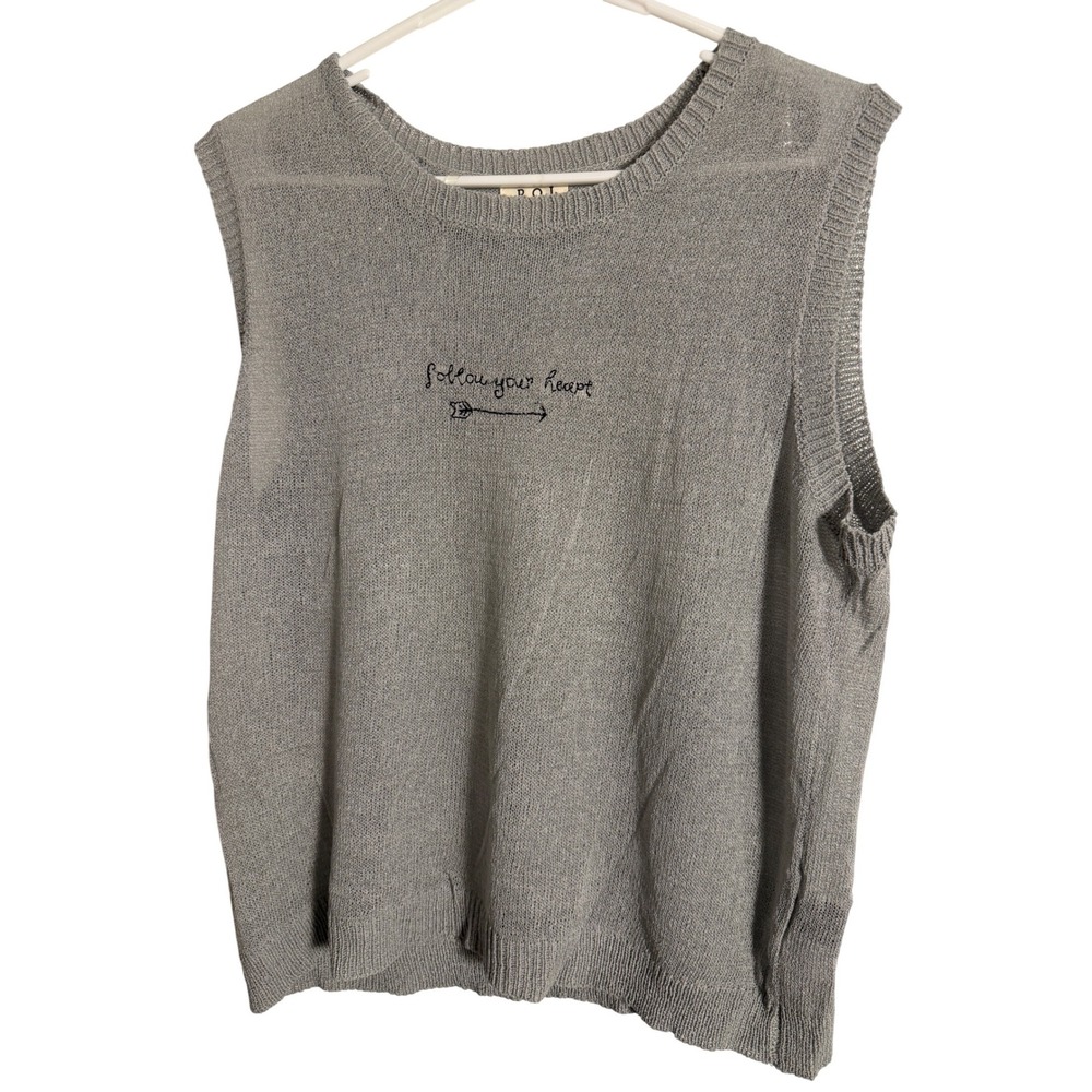 POL Follow Your Heart Embroidered Knit Sweater Vest‎ GreyWomens Large